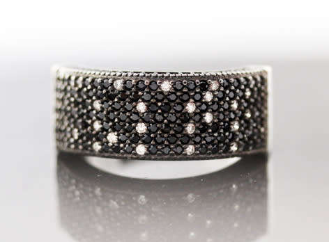 STERLING SILVER RAISED BROADBAND RING BLACK SPINEL & WHITE CRYSTAL ACCENTS