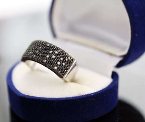 STERLING SILVER RAISED BROADBAND RING BLACK SPINEL & WHITE CRYSTAL ACCENTS