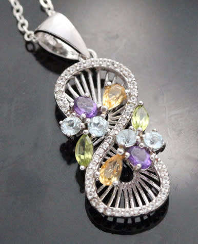 PRETTY AMETHYST, BLUE TOPAZ, CITRINE AND PERIDOT STERLING SILVER NECKLACE incl STERLING SILVER CHAIN