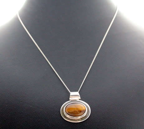 MAGNIFICENT HEAVY OVAL TIGER'S EYE CABOCHON BEZEL SET STERLING SILVER 39CM CHAIN SLIDER STYLE