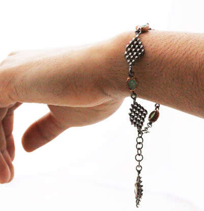 HAND-CRAFTED NATURAL EMERALDS GUNMETAL GREY FEATURE SOLID STERLING SILVER BRACELET