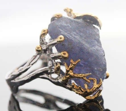 HUGE NATURAL EARTH-MINED ROUGH TANZANITE SET IN STERLING SILVER RING WITH GOLD HUED ACCENTS