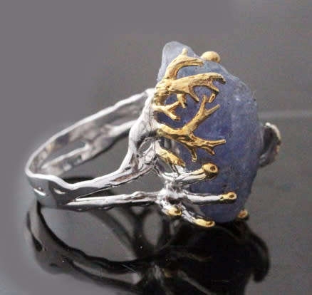 HUGE NATURAL EARTH-MINED ROUGH TANZANITE SET IN STERLING SILVER RING WITH GOLD HUED ACCENTS