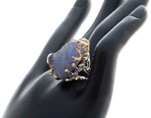HUGE NATURAL EARTH-MINED ROUGH TANZANITE SET IN STERLING SILVER RING WITH GOLD HUED ACCENTS