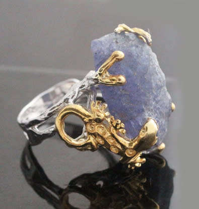 HUGE NATURAL EARTH-MINED ROUGH TANZANITE SET IN STERLING SILVER RING WITH GOLD HUED ACCENTS