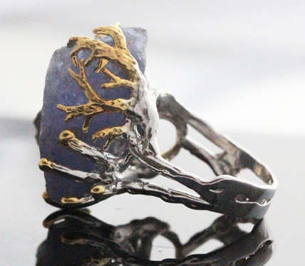 HUGE NATURAL EARTH-MINED ROUGH TANZANITE SET IN STERLING SILVER RING WITH GOLD HUED ACCENTS