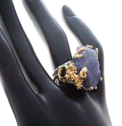 HUGE NATURAL EARTH-MINED ROUGH TANZANITE SET IN STERLING SILVER RING WITH GOLD HUED ACCENTS