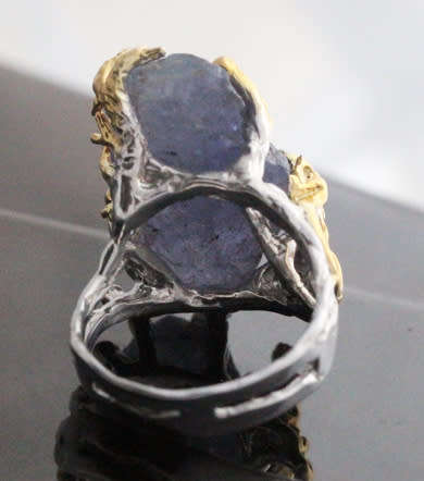 HUGE NATURAL EARTH-MINED ROUGH TANZANITE SET IN STERLING SILVER RING WITH GOLD HUED ACCENTS