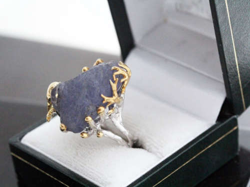 HUGE NATURAL EARTH-MINED ROUGH TANZANITE SET IN STERLING SILVER RING WITH GOLD HUED ACCENTS