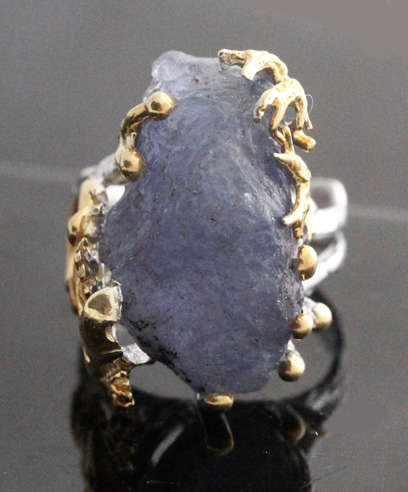 HUGE NATURAL EARTH-MINED ROUGH TANZANITE SET IN STERLING SILVER RING WITH GOLD HUED ACCENTS