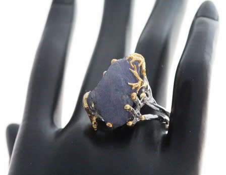 HUGE NATURAL EARTH-MINED ROUGH TANZANITE SET IN STERLING SILVER RING WITH GOLD HUED ACCENTS
