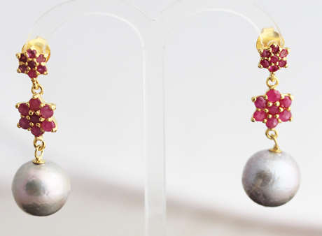 STRIKING GOLD-HUED STERLING SILVER FLORAL DROP & DANGLE EARRINGS WITH RUBIES AND A BAROQUE PEARL