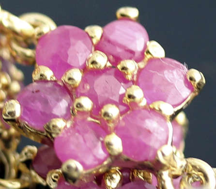 STRIKING GOLD-HUED STERLING SILVER FLORAL DROP & DANGLE EARRINGS WITH RUBIES AND A BAROQUE PEARL