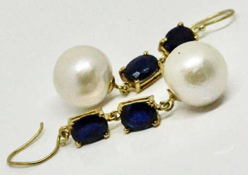 ELEGANT SAPPHIRE AND BAROQUE PEARL GOLD-HUED STERLING SILVER DROP & DANGLE EARRINGS. 925