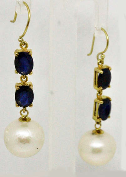 ELEGANT SAPPHIRE AND BAROQUE PEARL GOLD-HUED STERLING SILVER DROP & DANGLE EARRINGS. 925