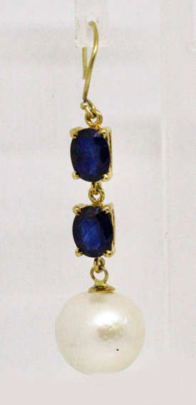 ELEGANT SAPPHIRE AND BAROQUE PEARL GOLD-HUED STERLING SILVER DROP & DANGLE EARRINGS. 925
