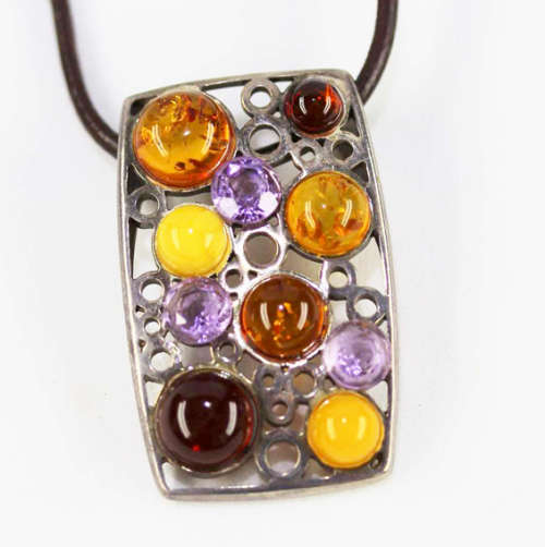 STRIKING LARGE VINTAGE SOLID STERLING SILVER PENDANT WITH  NATURAL AMBER & AMETHYST. LEATHER THONG