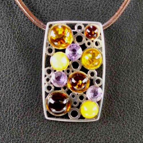 STRIKING LARGE VINTAGE SOLID STERLING SILVER PENDANT WITH  NATURAL AMBER & AMETHYST. LEATHER THONG