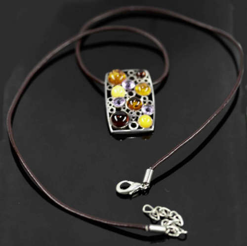 STRIKING LARGE VINTAGE SOLID STERLING SILVER PENDANT WITH  NATURAL AMBER & AMETHYST. LEATHER THONG