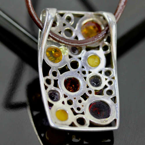 STRIKING LARGE VINTAGE SOLID STERLING SILVER PENDANT WITH  NATURAL AMBER & AMETHYST. LEATHER THONG