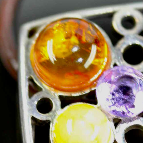 STRIKING LARGE VINTAGE SOLID STERLING SILVER PENDANT WITH  NATURAL AMBER & AMETHYST. LEATHER THONG