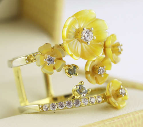 VERY PRETTY DOUBLE STRAND LARGE STERLING SILVER 925 RING GOLD HUE FINISH NATURAL TANZANITE GEMSTONES