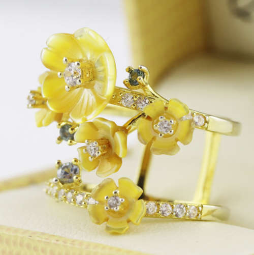 VERY PRETTY DOUBLE STRAND LARGE STERLING SILVER 925 RING GOLD HUE FINISH NATURAL TANZANITE GEMSTONES