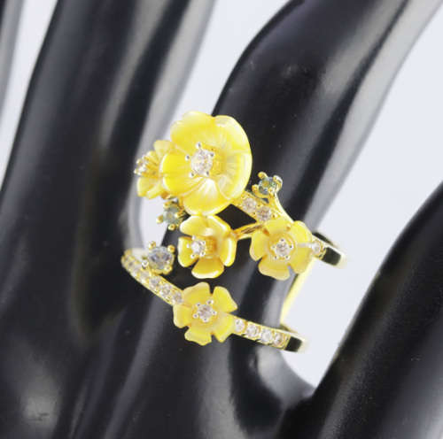 VERY PRETTY DOUBLE STRAND LARGE STERLING SILVER 925 RING GOLD HUE FINISH NATURAL TANZANITE GEMSTONES