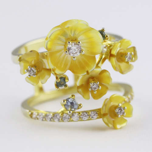 VERY PRETTY DOUBLE STRAND LARGE STERLING SILVER 925 RING GOLD HUE FINISH NATURAL TANZANITE GEMSTONES