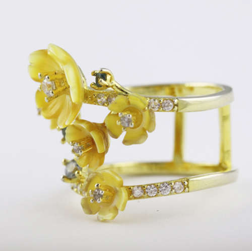 VERY PRETTY DOUBLE STRAND LARGE STERLING SILVER 925 RING GOLD HUE FINISH NATURAL TANZANITE GEMSTONES