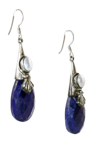NATURAL LAPIS LAZULI AND PEARL STERLING SILVER DROP AND DANGLE EARRINGS. 925