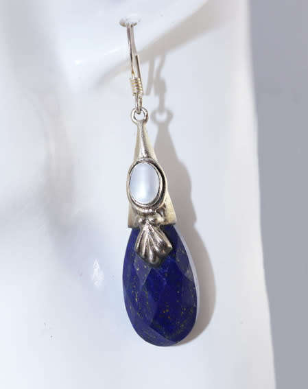NATURAL LAPIS LAZULI AND PEARL STERLING SILVER DROP AND DANGLE EARRINGS. 925
