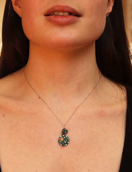 EMERALD PENDANT WITH A FIRE OPAL CABOCHON SOLID STERLING SILVER PENDANT & 46CM CHAIN