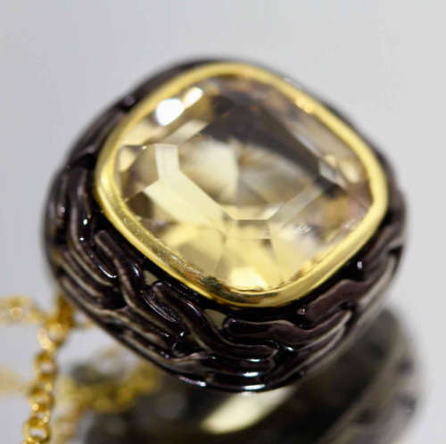 HANDCRAFTED CITRINE BLACK RHODIUM-PLATED SOLID STERLING SILVER PENDANT ON GOLD-HUED STERLING CHAIN