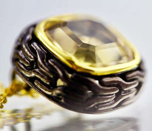 HANDCRAFTED CITRINE BLACK RHODIUM-PLATED SOLID STERLING SILVER PENDANT ON GOLD-HUED STERLING CHAIN