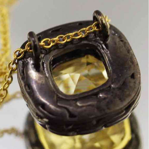 HANDCRAFTED CITRINE BLACK RHODIUM-PLATED SOLID STERLING SILVER PENDANT ON GOLD-HUED STERLING CHAIN