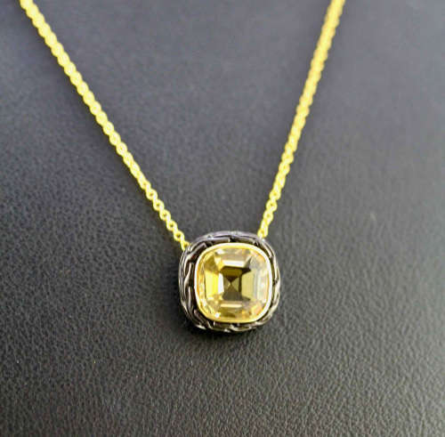 HANDCRAFTED CITRINE BLACK RHODIUM-PLATED SOLID STERLING SILVER PENDANT ON GOLD-HUED STERLING CHAIN