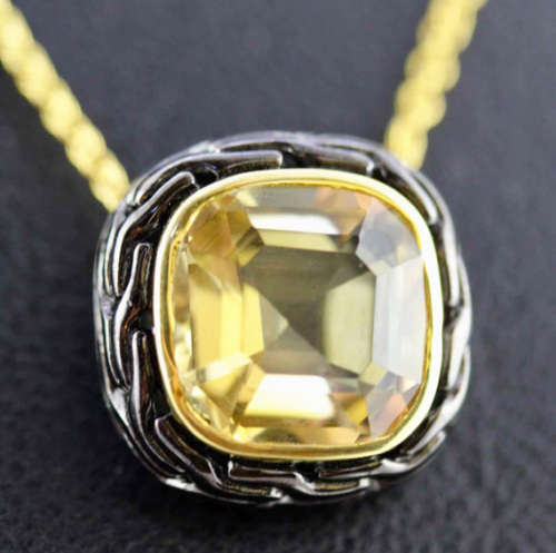 HANDCRAFTED CITRINE BLACK RHODIUM-PLATED SOLID STERLING SILVER PENDANT ON GOLD-HUED STERLING CHAIN