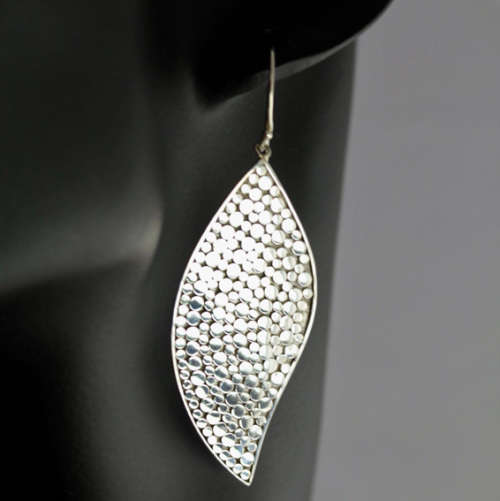 ELEGANT LONG (66mm) SOLID STERLING SILVER HANDCRAFTED HAMMERED FINISH EARRINGS RIVER-PEBBLE DESIGN