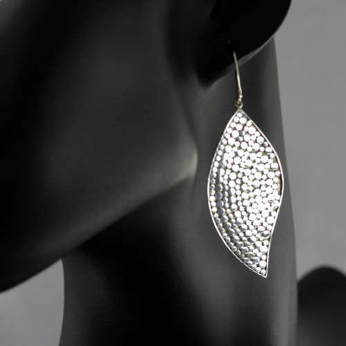 ELEGANT LONG (66mm) SOLID STERLING SILVER HANDCRAFTED HAMMERED FINISH EARRINGS RIVER-PEBBLE DESIGN