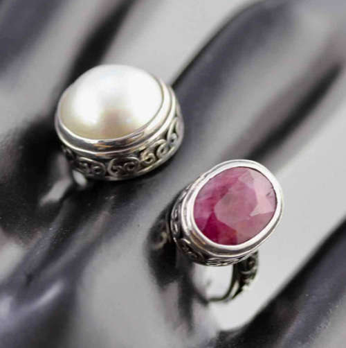 UNUSUAL HANDCRAFTED RUBY AND NATURAL PEARL SOLID STERLING SILVER RING