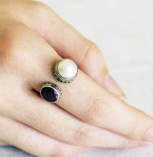UNUSUAL HANDCRAFTED RUBY AND NATURAL PEARL SOLID STERLING SILVER RING