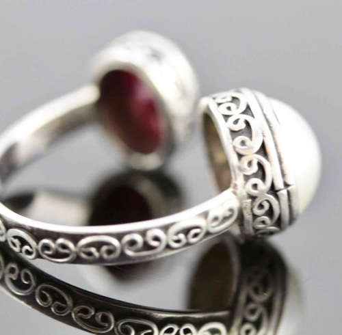 UNUSUAL HANDCRAFTED RUBY AND NATURAL PEARL SOLID STERLING SILVER RING