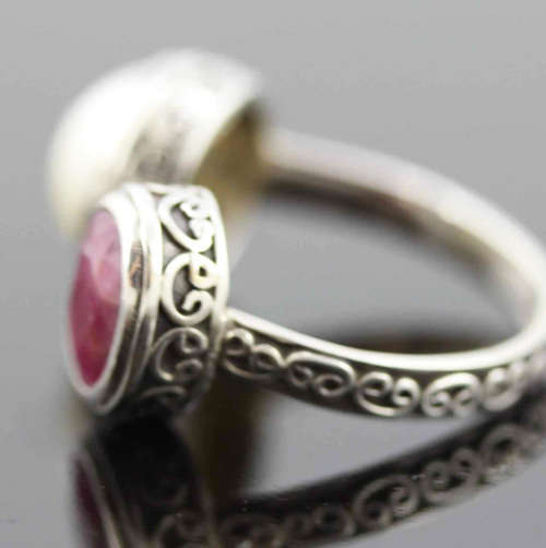 UNUSUAL HANDCRAFTED RUBY AND NATURAL PEARL SOLID STERLING SILVER RING