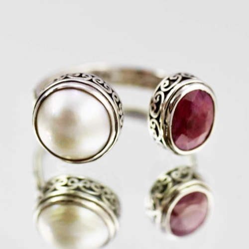UNUSUAL HANDCRAFTED RUBY AND NATURAL PEARL SOLID STERLING SILVER RING