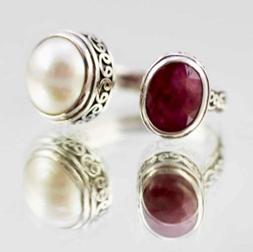 UNUSUAL HANDCRAFTED RUBY AND NATURAL PEARL SOLID STERLING SILVER RING