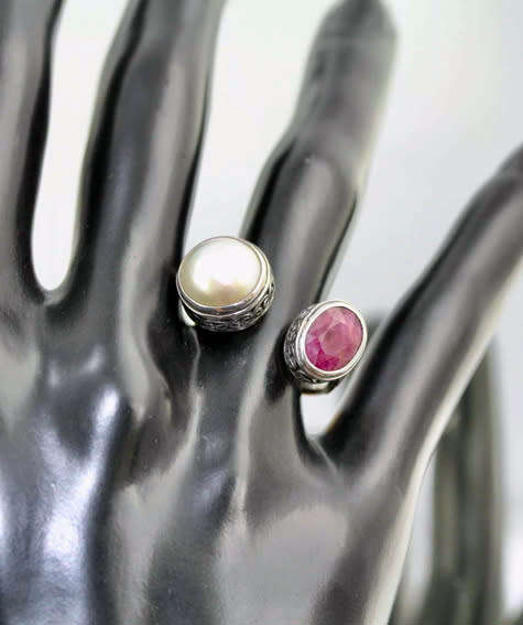 UNUSUAL HANDCRAFTED RUBY AND NATURAL PEARL SOLID STERLING SILVER RING