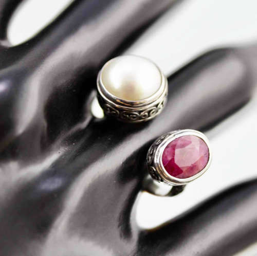 UNUSUAL HANDCRAFTED RUBY AND NATURAL PEARL SOLID STERLING SILVER RING