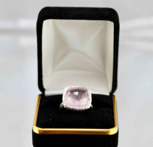 LARGE HANDCRAFTED CUSHION-FACETED NATURAL ROSE QUARTZ RHODIUM-PLATED STERLING SILVER RING. 925