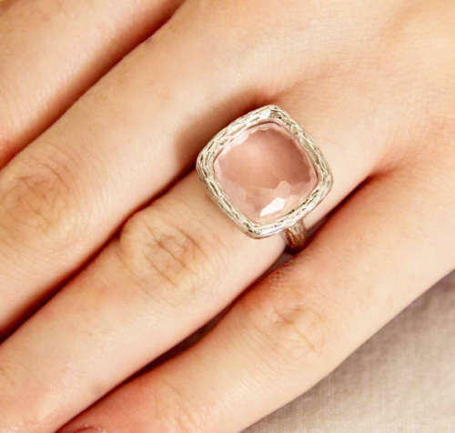LARGE HANDCRAFTED CUSHION-FACETED NATURAL ROSE QUARTZ RHODIUM-PLATED STERLING SILVER RING. 925